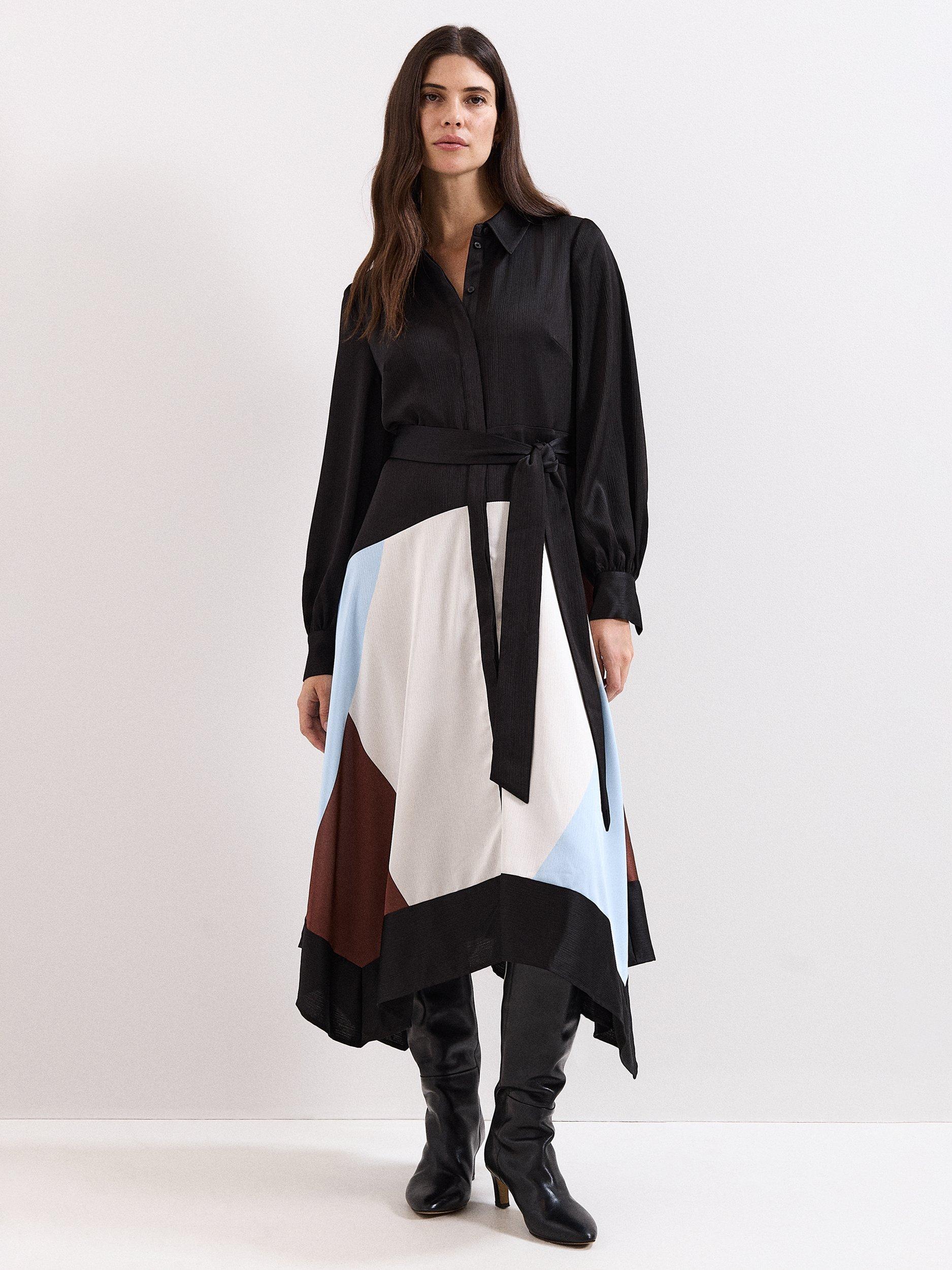 Product image 1 of 7, which shows Phase Eight Satin Hanky Dress, Black/Multi, 6