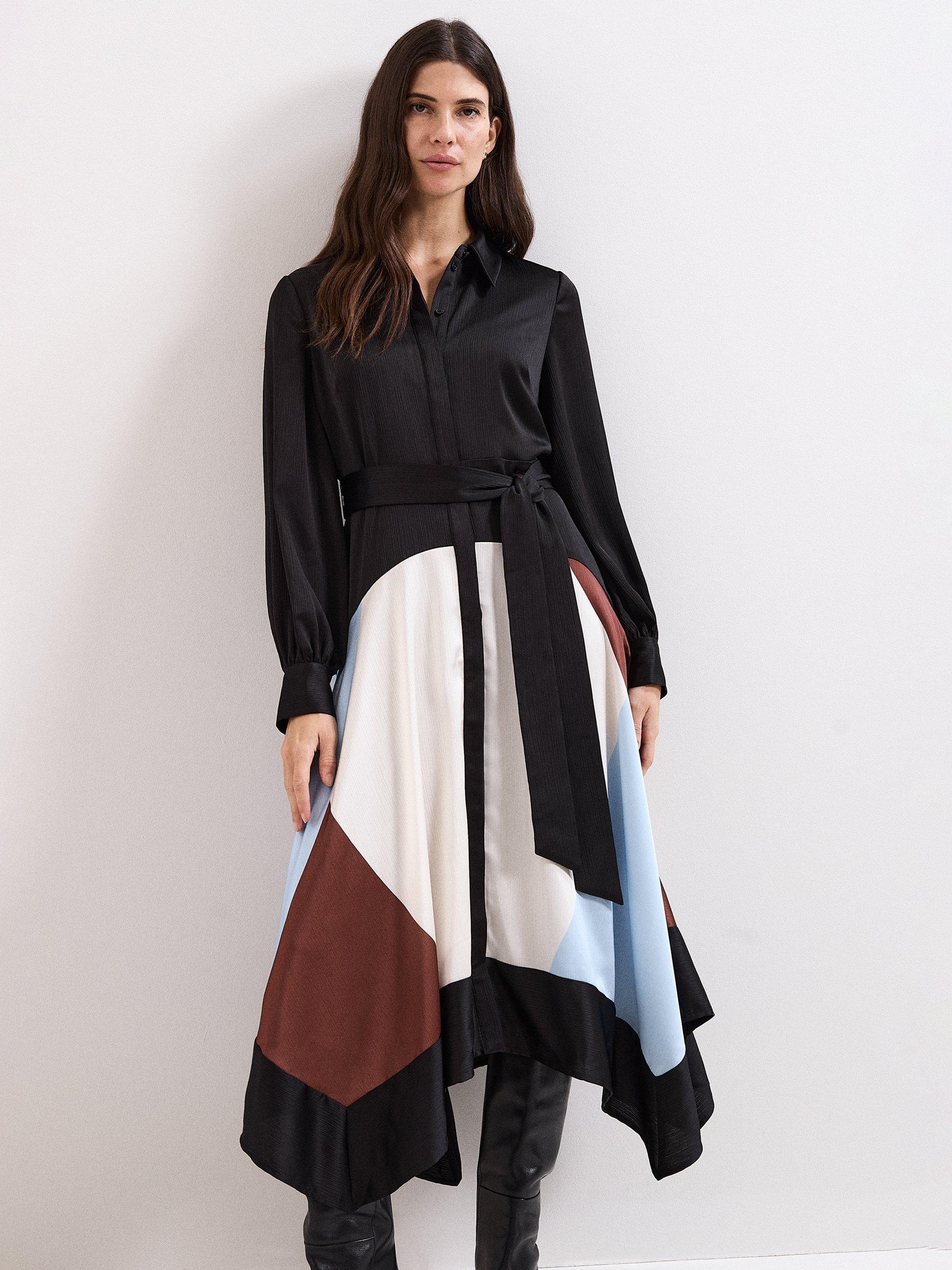 Product image 3 of 7, which shows Phase Eight Satin Hanky Dress, Black/Multi, 6