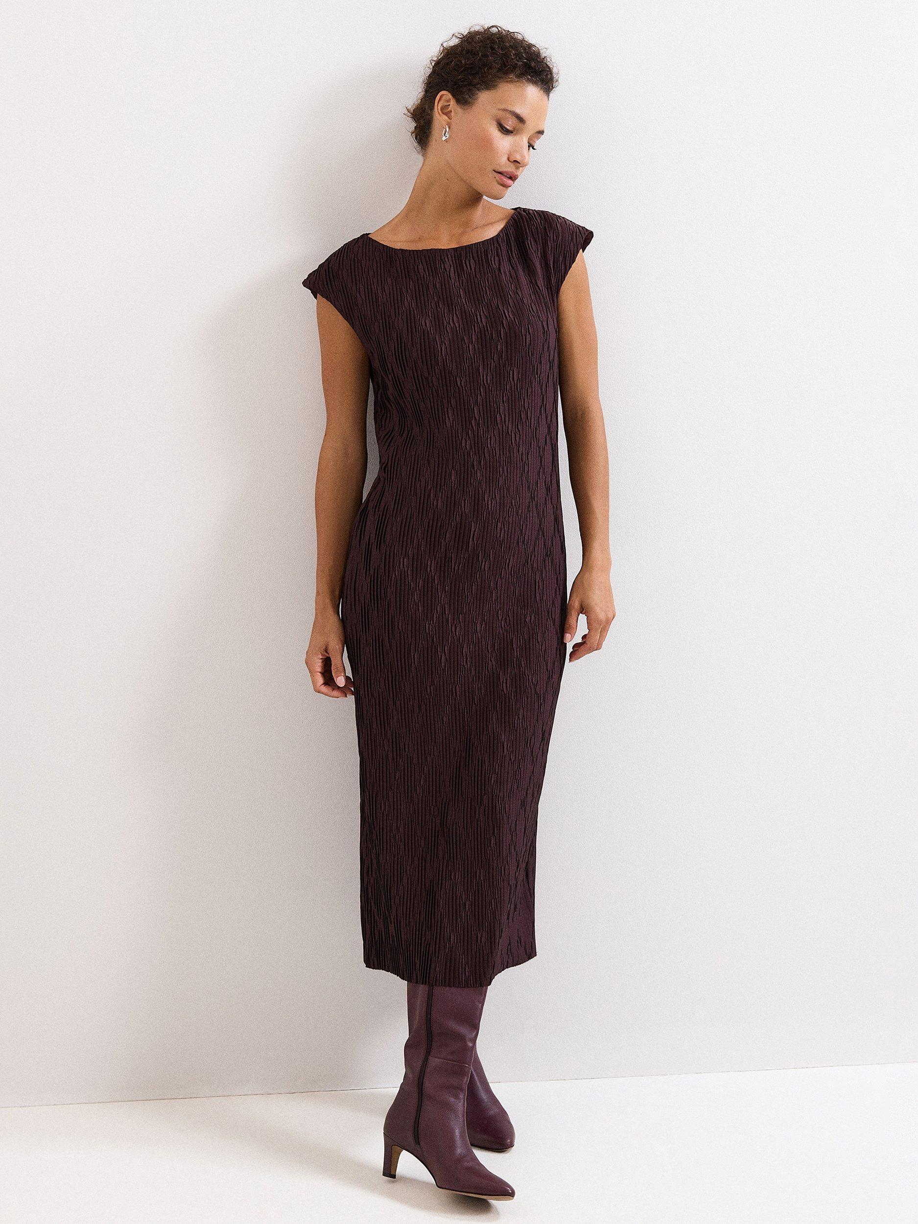 Product image 1 of 9, which shows Phase Eight Textured Midi Dress, Brown, 6