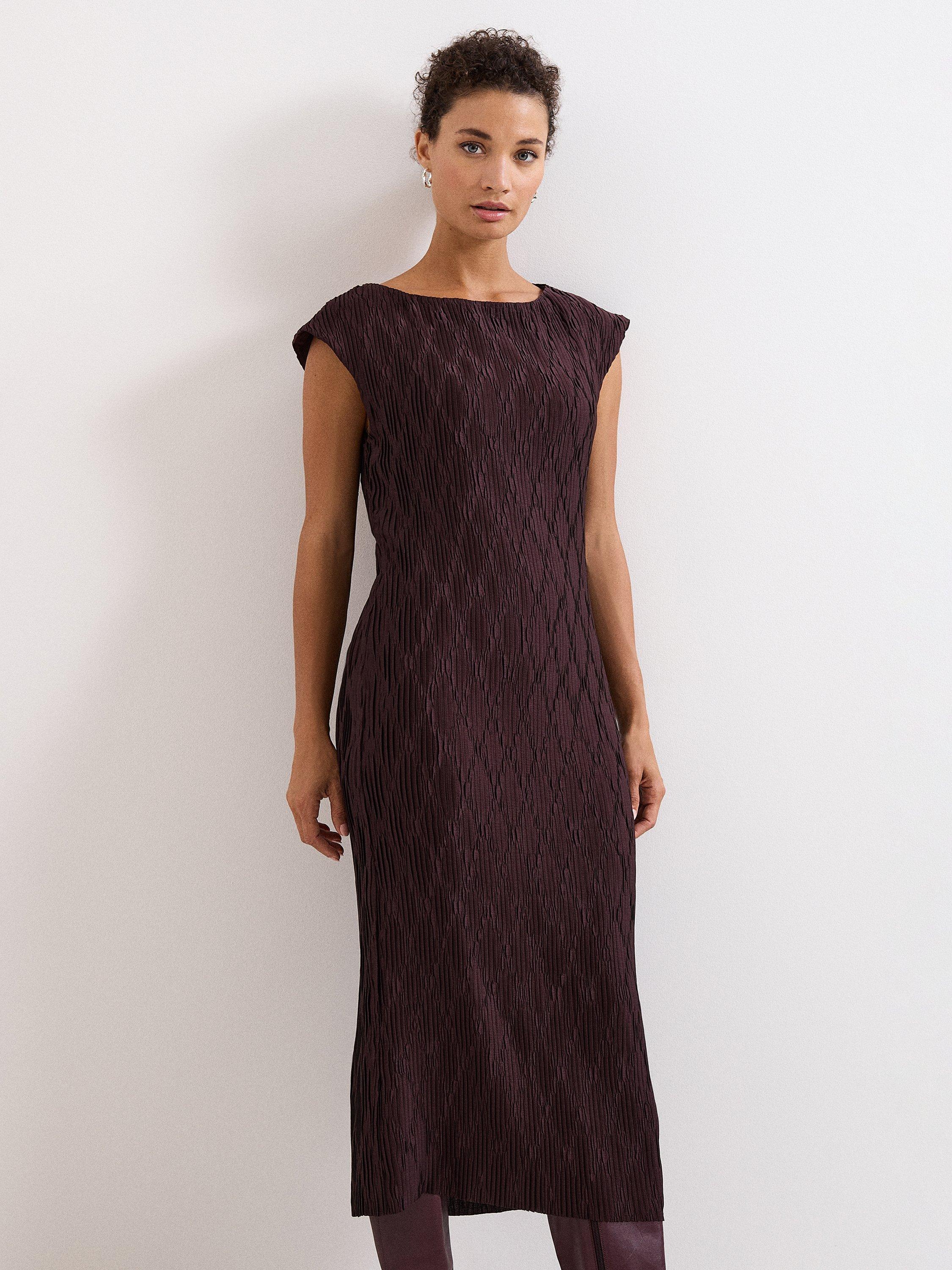 Product image 3 of 9, which shows Phase Eight Textured Midi Dress, Brown, 6