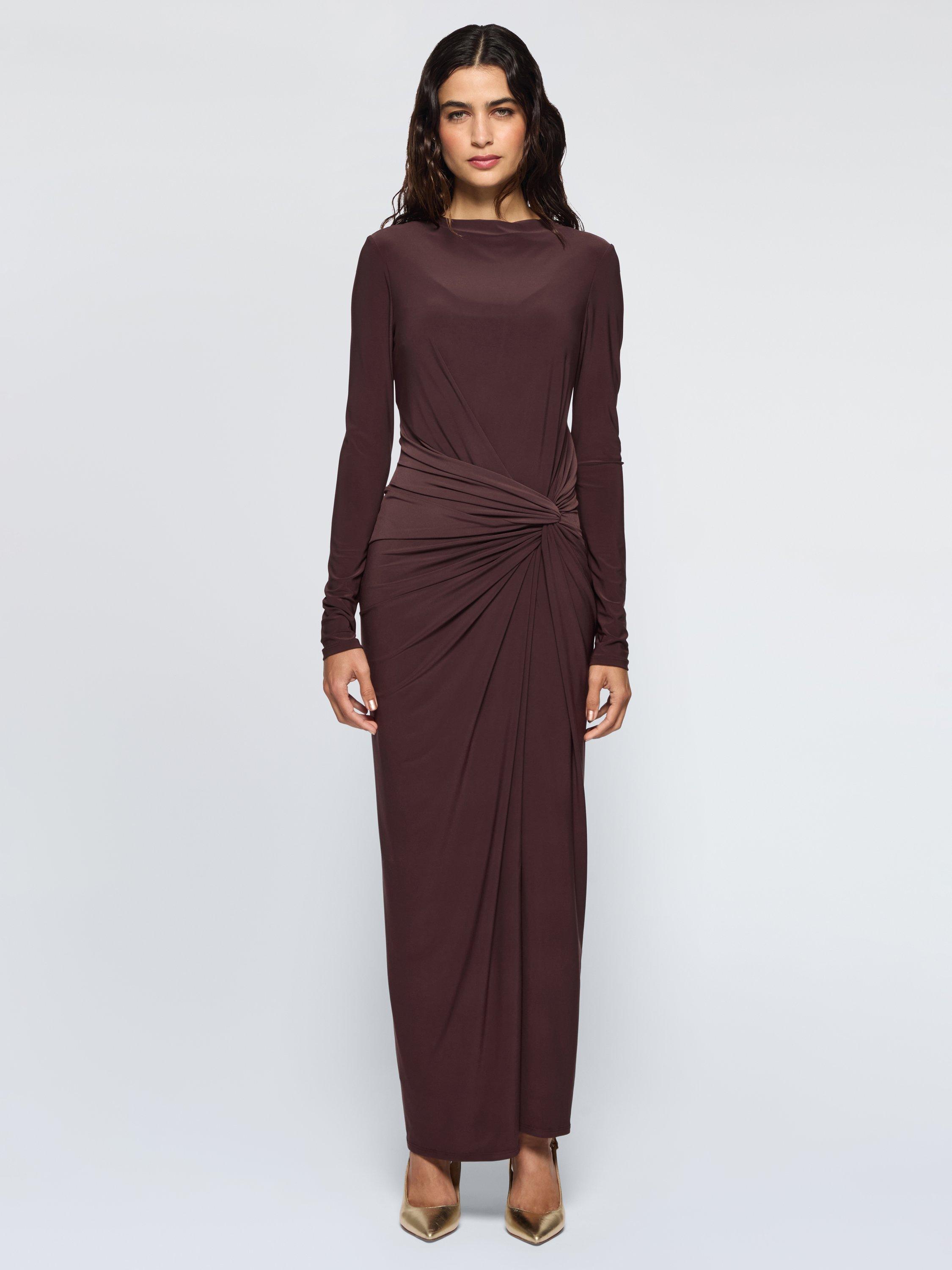 Product image 1 of 3, which shows DASKA Athena Side Twist Maxi Dress, Chocolate, XS