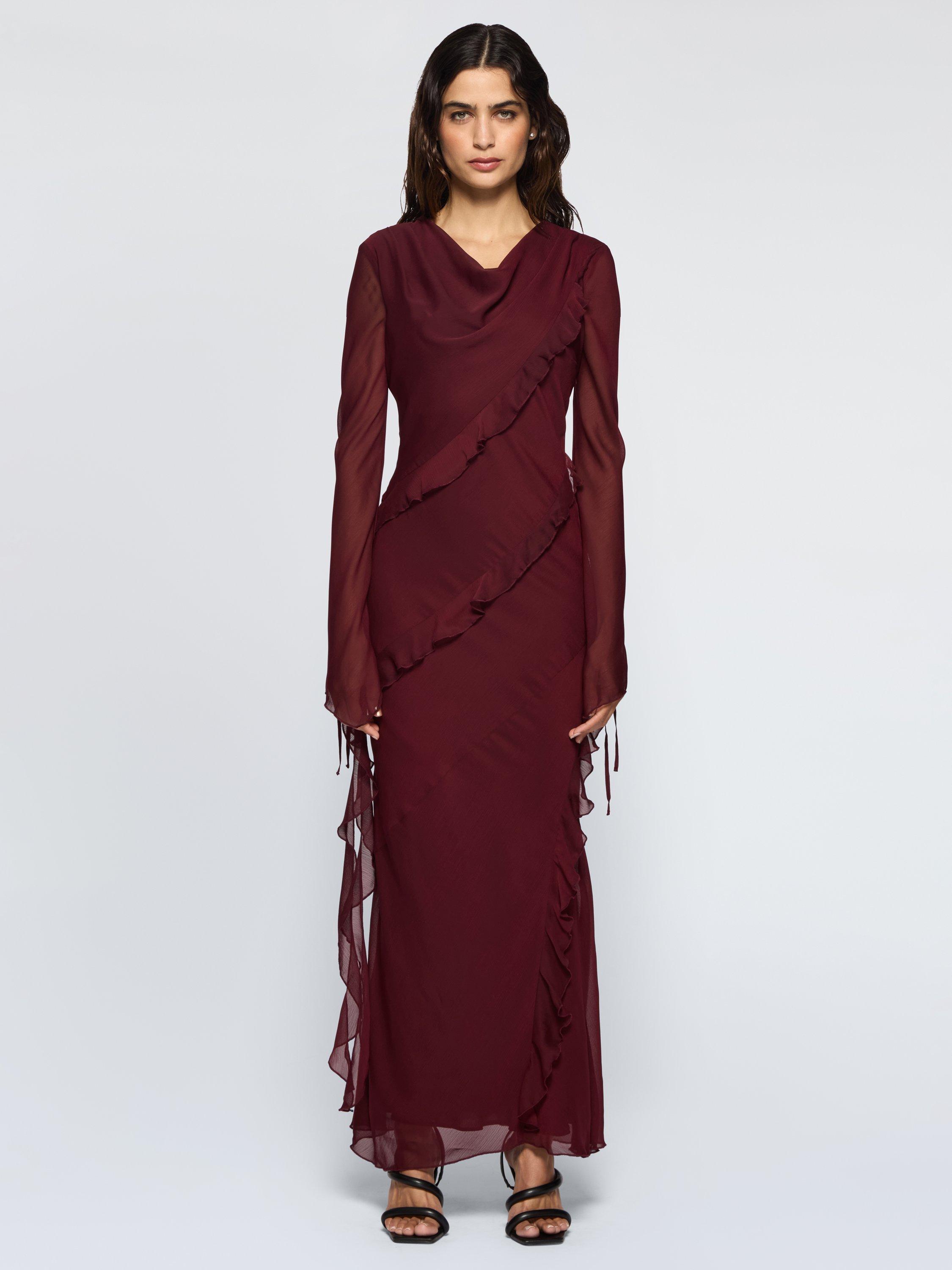 Product image 1 of 3, which shows DASKA Circe Ruched Frill Maxi Dress, Burgundy, XS
