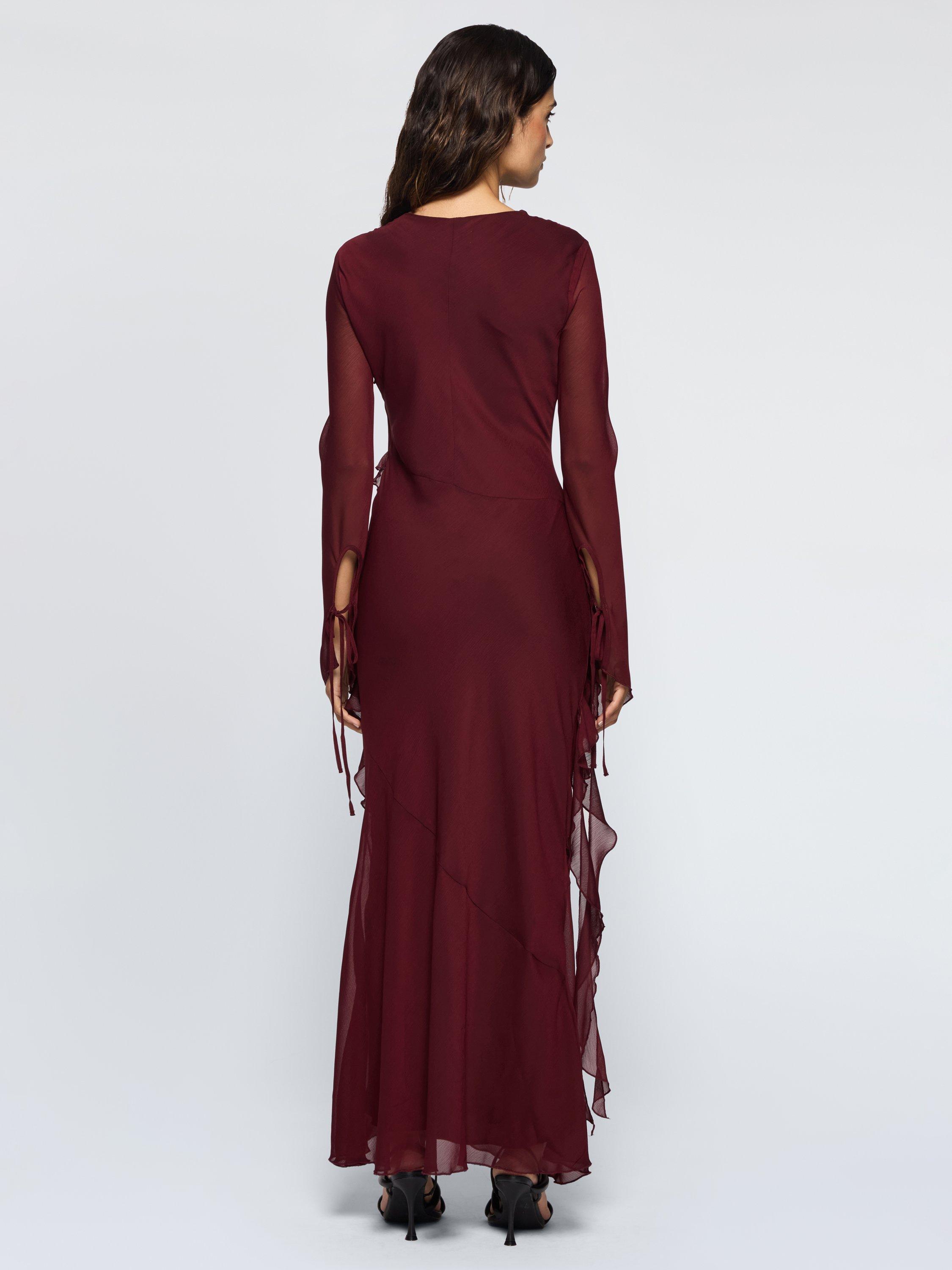 Product image 2 of 3, which shows DASKA Circe Ruched Frill Maxi Dress, Burgundy, XS