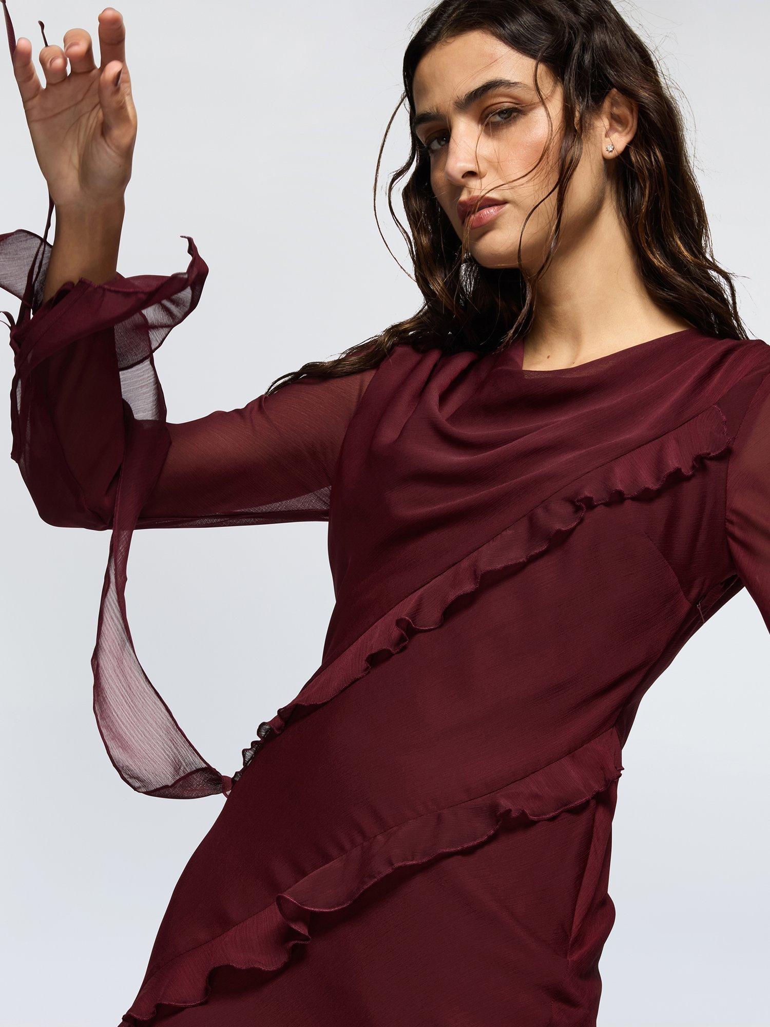 Product image 3 of 3, which shows DASKA Circe Ruched Frill Maxi Dress, Burgundy, XS