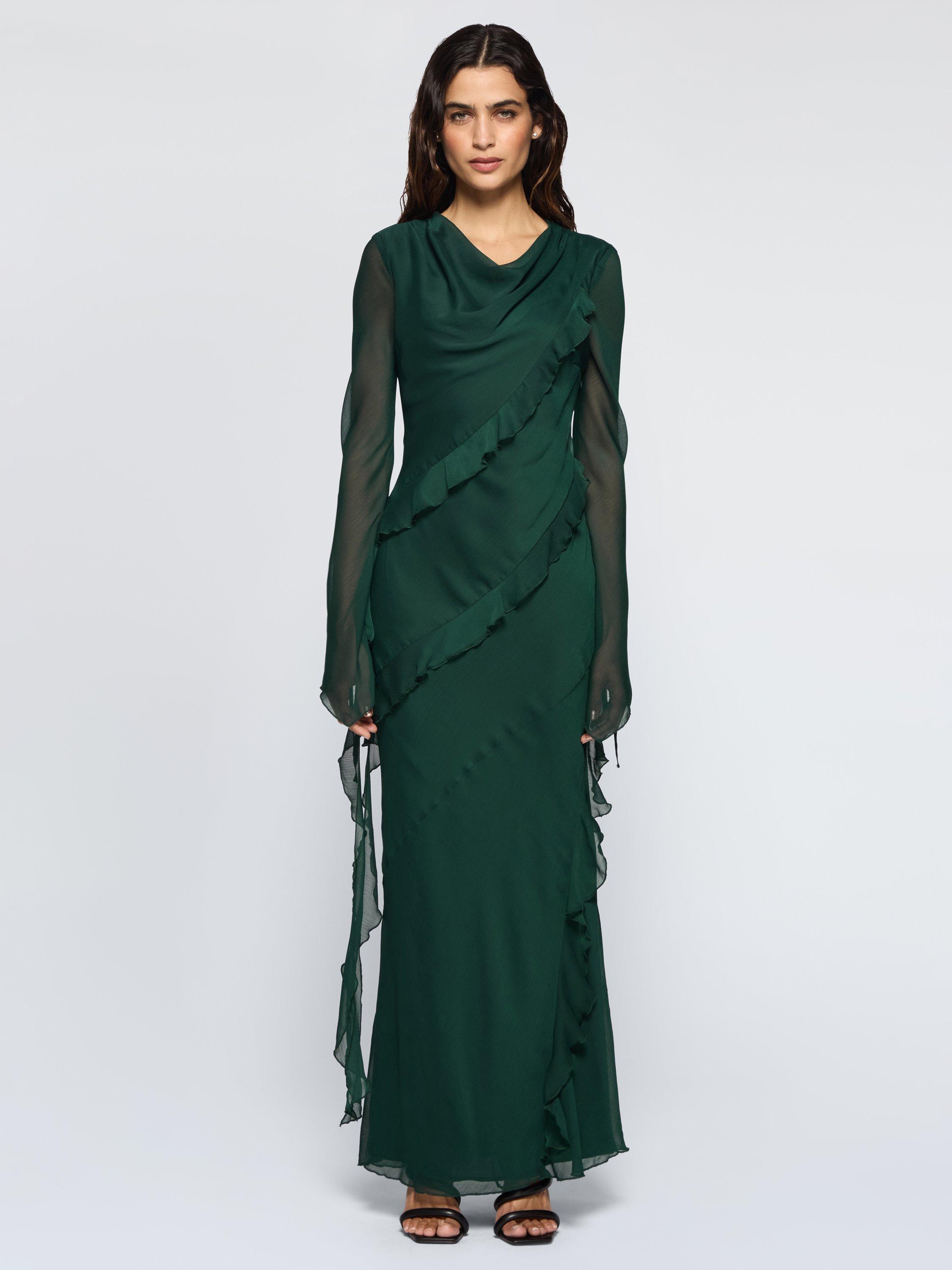 Product image 1 of 3, which shows DASKA Circe Ruched Frill Maxi Dress, Green, XS
