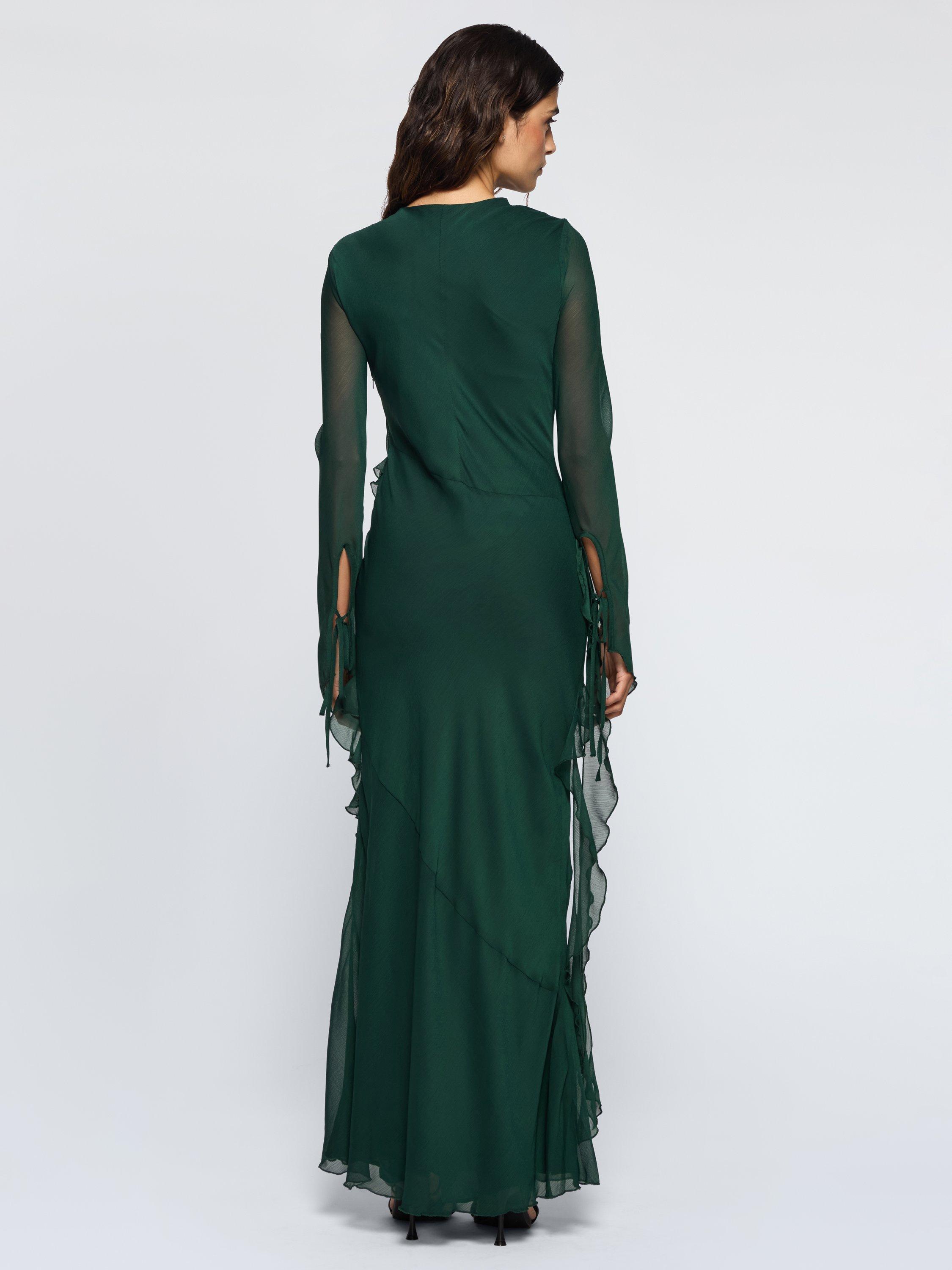 Product image 2 of 3, which shows DASKA Circe Ruched Frill Maxi Dress, Green, XS