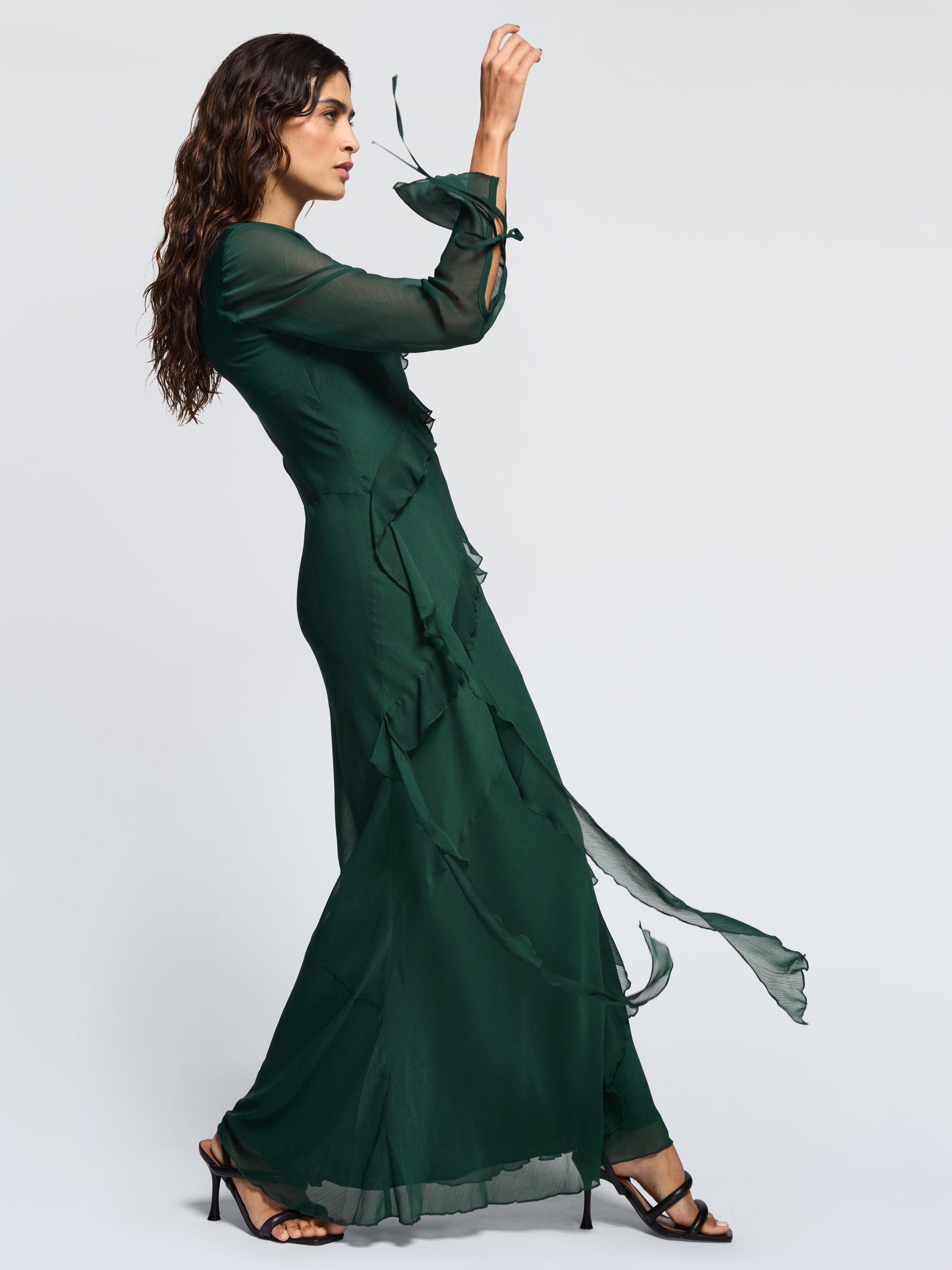 Product image 3 of 3, which shows DASKA Circe Ruched Frill Maxi Dress, Green, XS