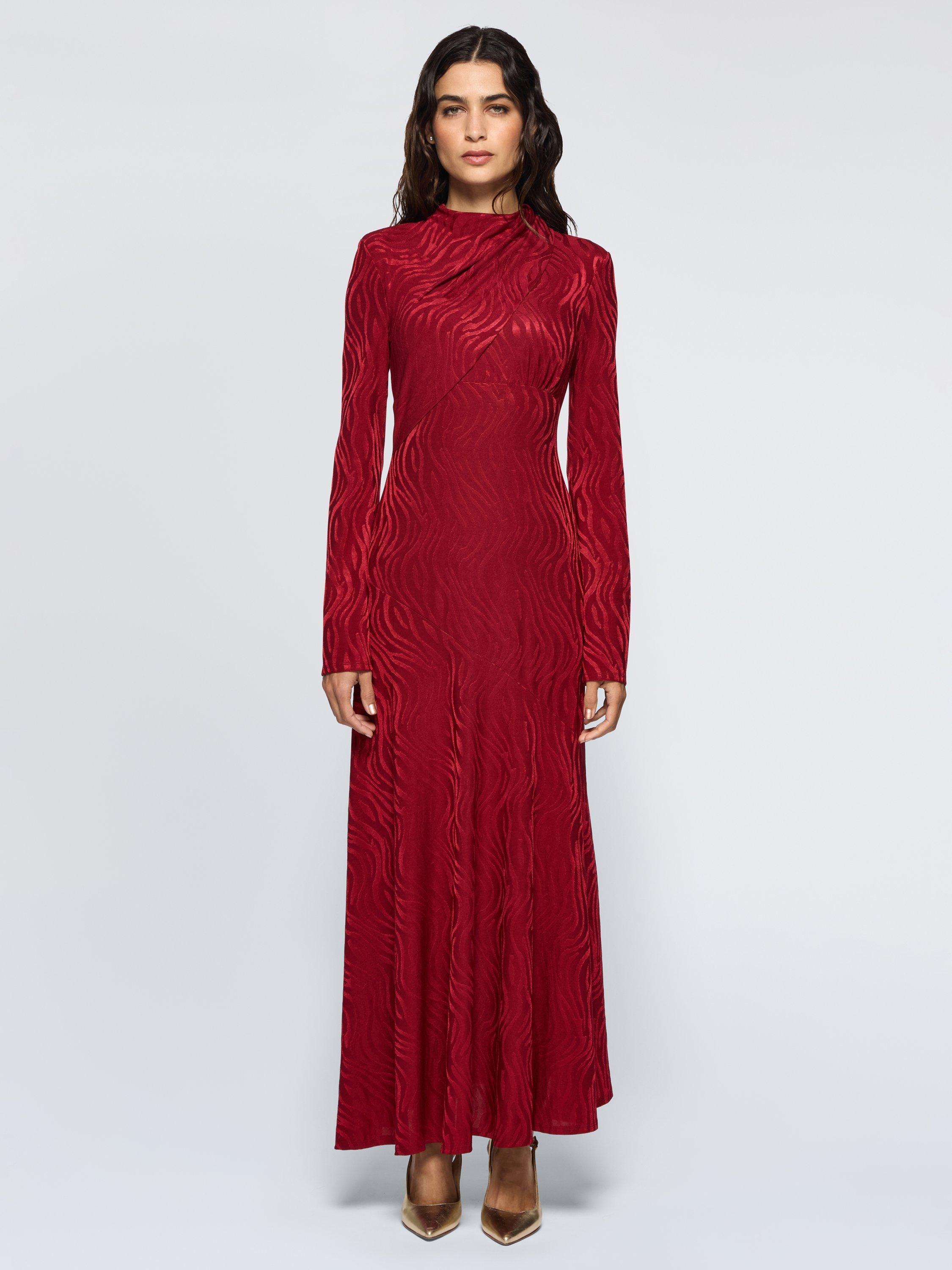 Product image 1 of 3, which shows DASKA Draco Jacquard Drape Maxi Dress, Burgundy, XS