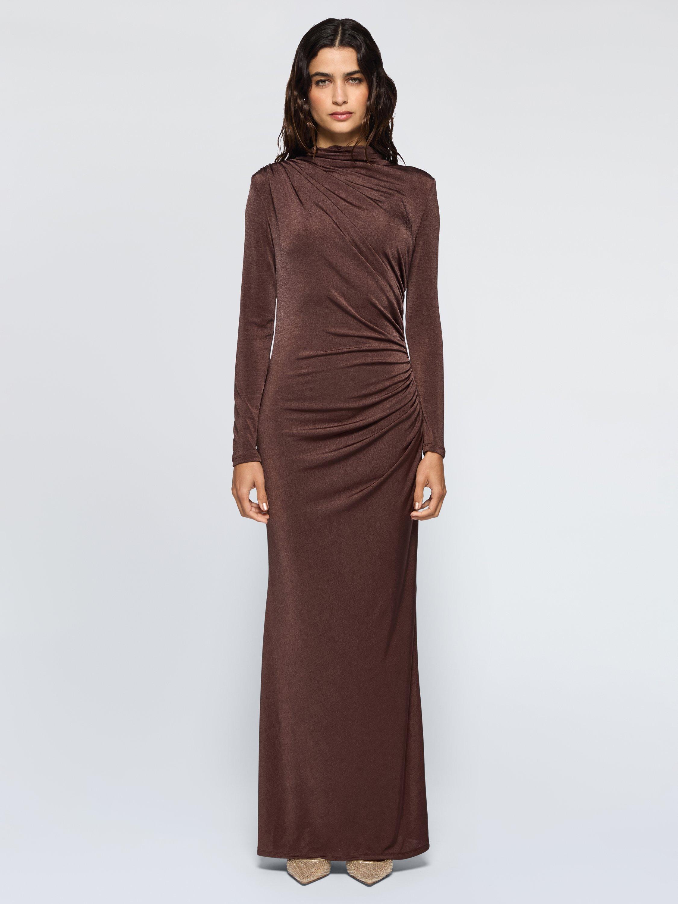 Product image 1 of 3, which shows DASKA Lily Shimmer Drape Maxi Dress, Chocolate, XS