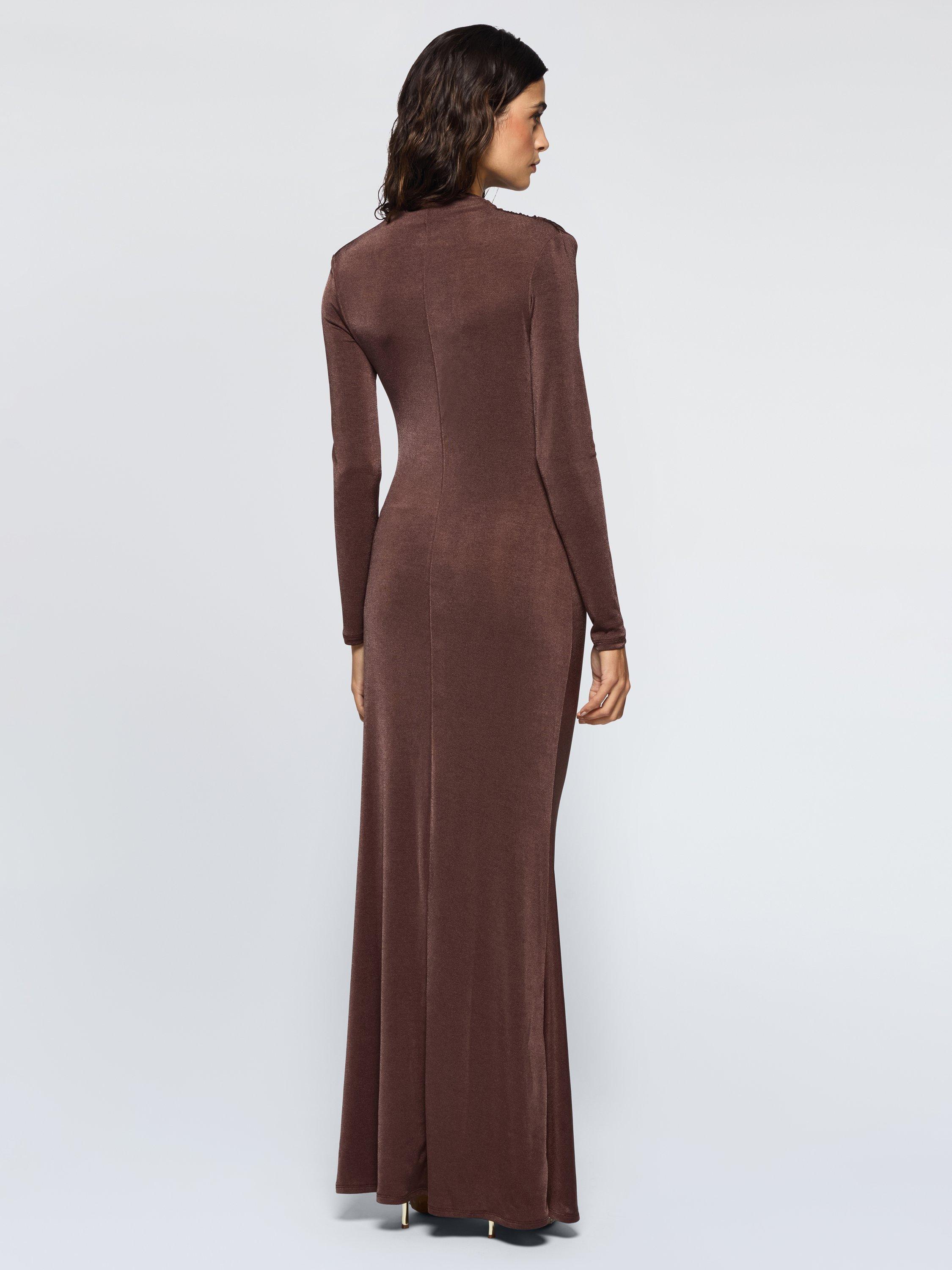 Product image 2 of 3, which shows DASKA Lily Shimmer Drape Maxi Dress, Chocolate, XS
