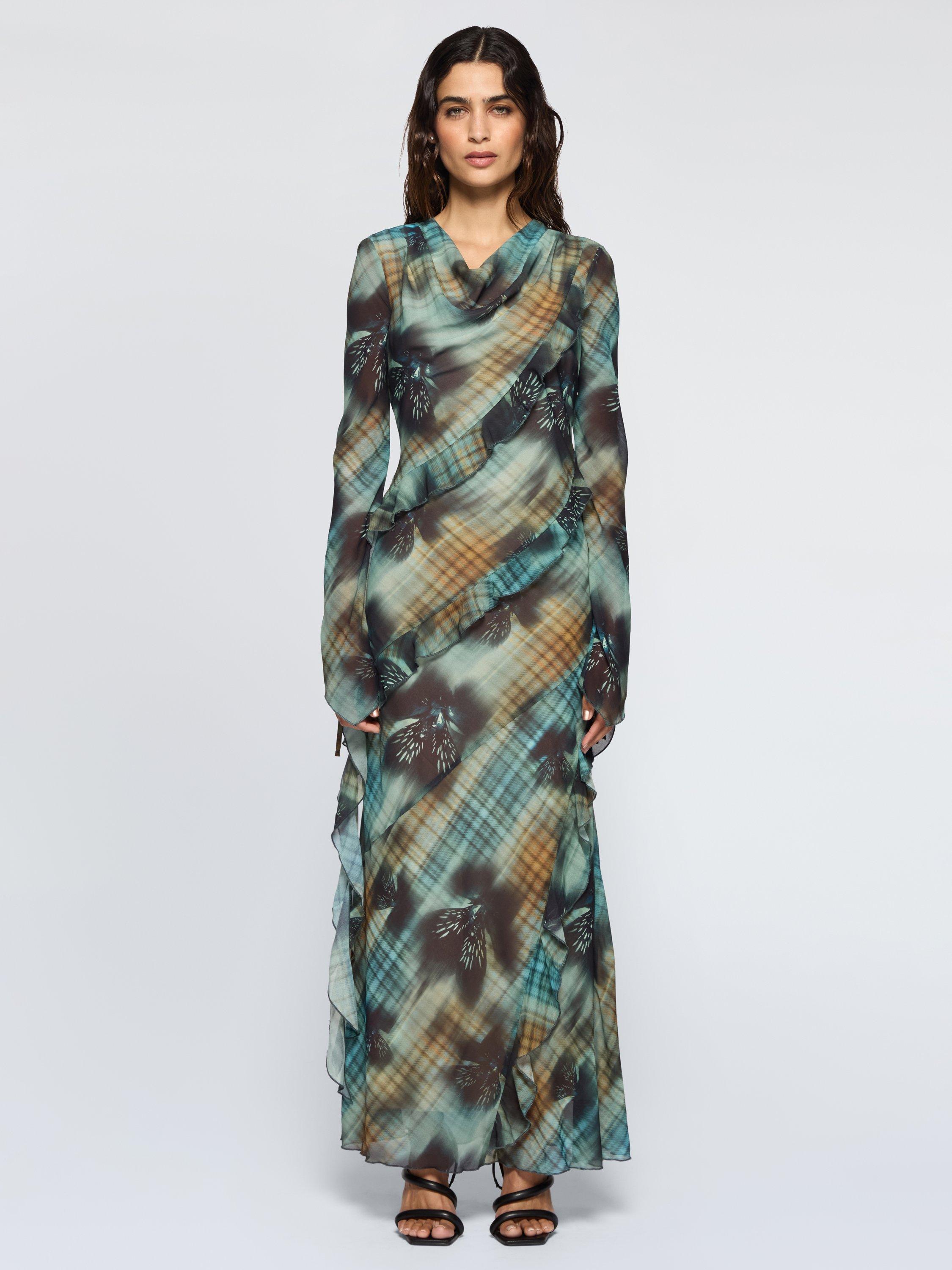 Product image 1 of 3, which shows DASKA Circe Ruched Frill Maxi Dress, Multi, XS
