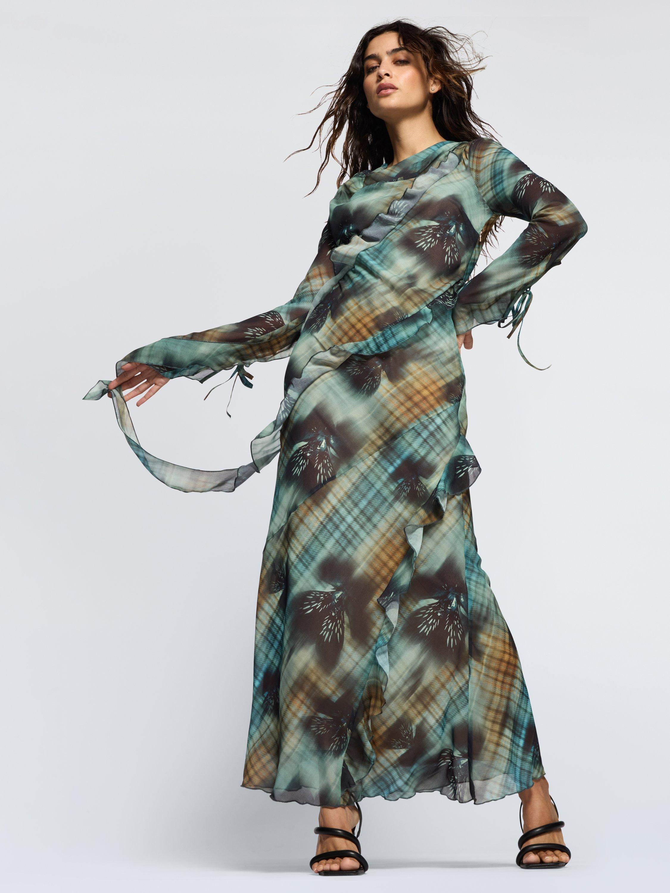 Product image 3 of 3, which shows DASKA Circe Ruched Frill Maxi Dress, Multi, XS