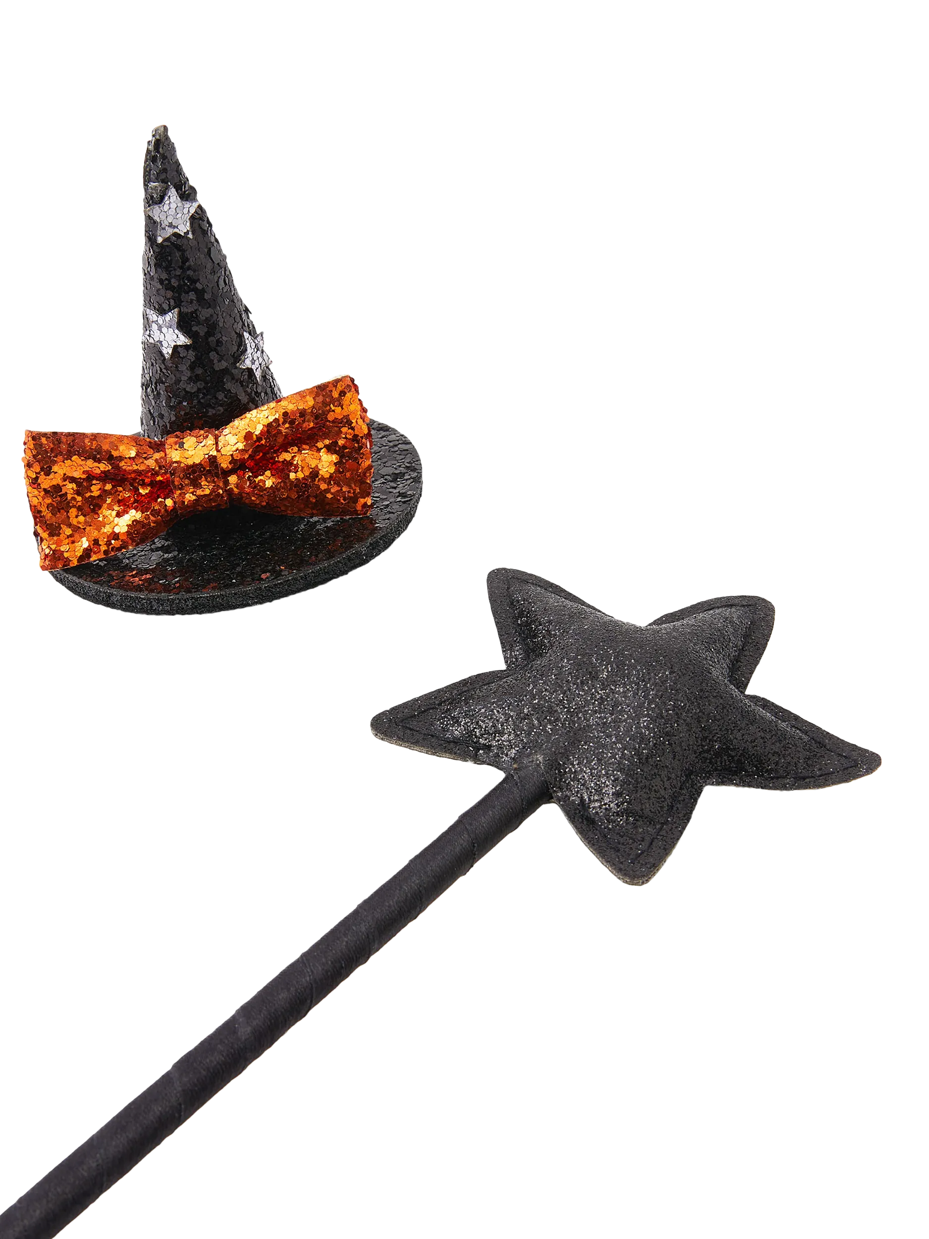 Black Halloween witch wand with star tip and matching mini hat with orange bow on white background