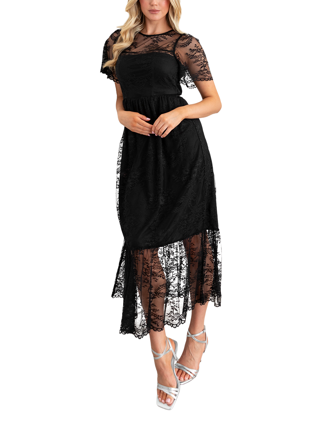 Product image 1 of 7, which shows Lovedrobe Lace Short Sleeve Midi Dress, Black, 8