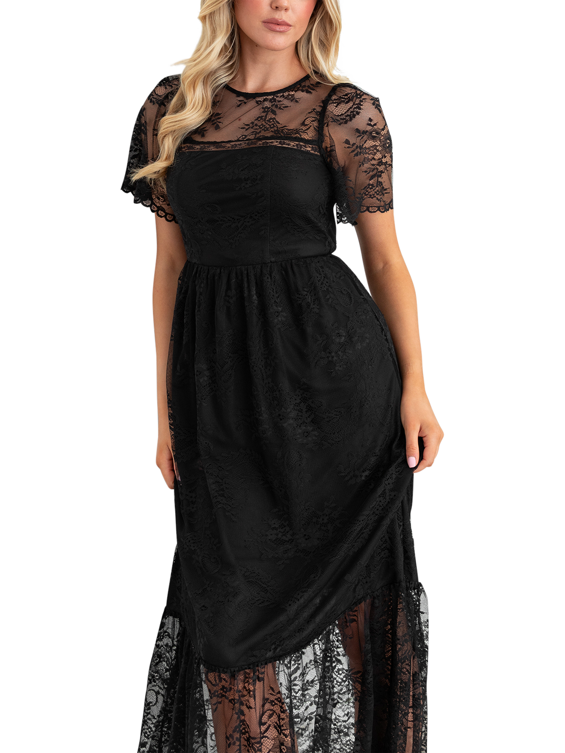 Product image 2 of 7, which shows Lovedrobe Lace Short Sleeve Midi Dress, Black, 8