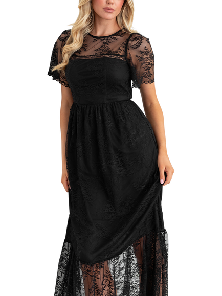 Lovedrobe Lace Short Sleeve Midi Dress, Black - view 2, Black