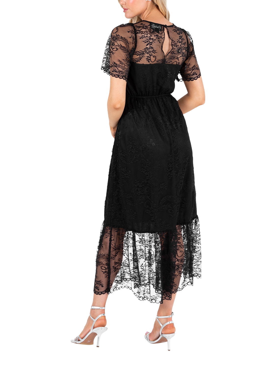Product image 3 of 7, which shows Lovedrobe Lace Short Sleeve Midi Dress, Black, 8