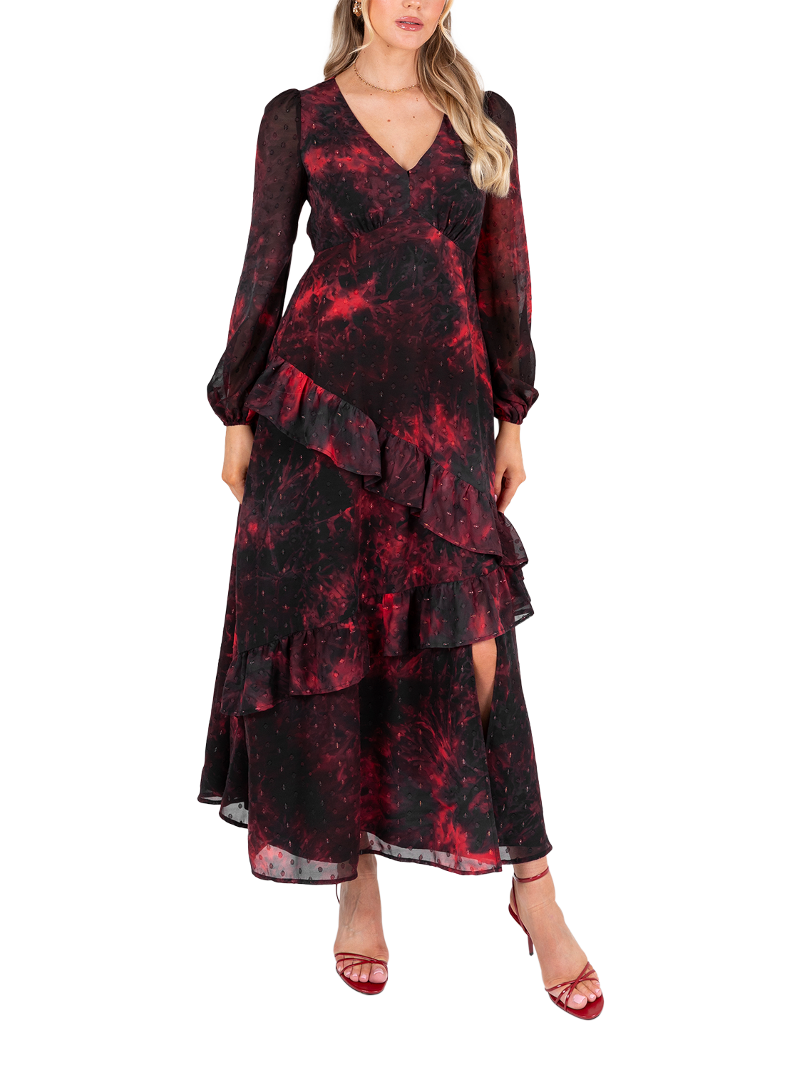 Product image 1 of 11, which shows Lovedrobe Abstract Ruffle Midaxi Dress, Multi Print, 8