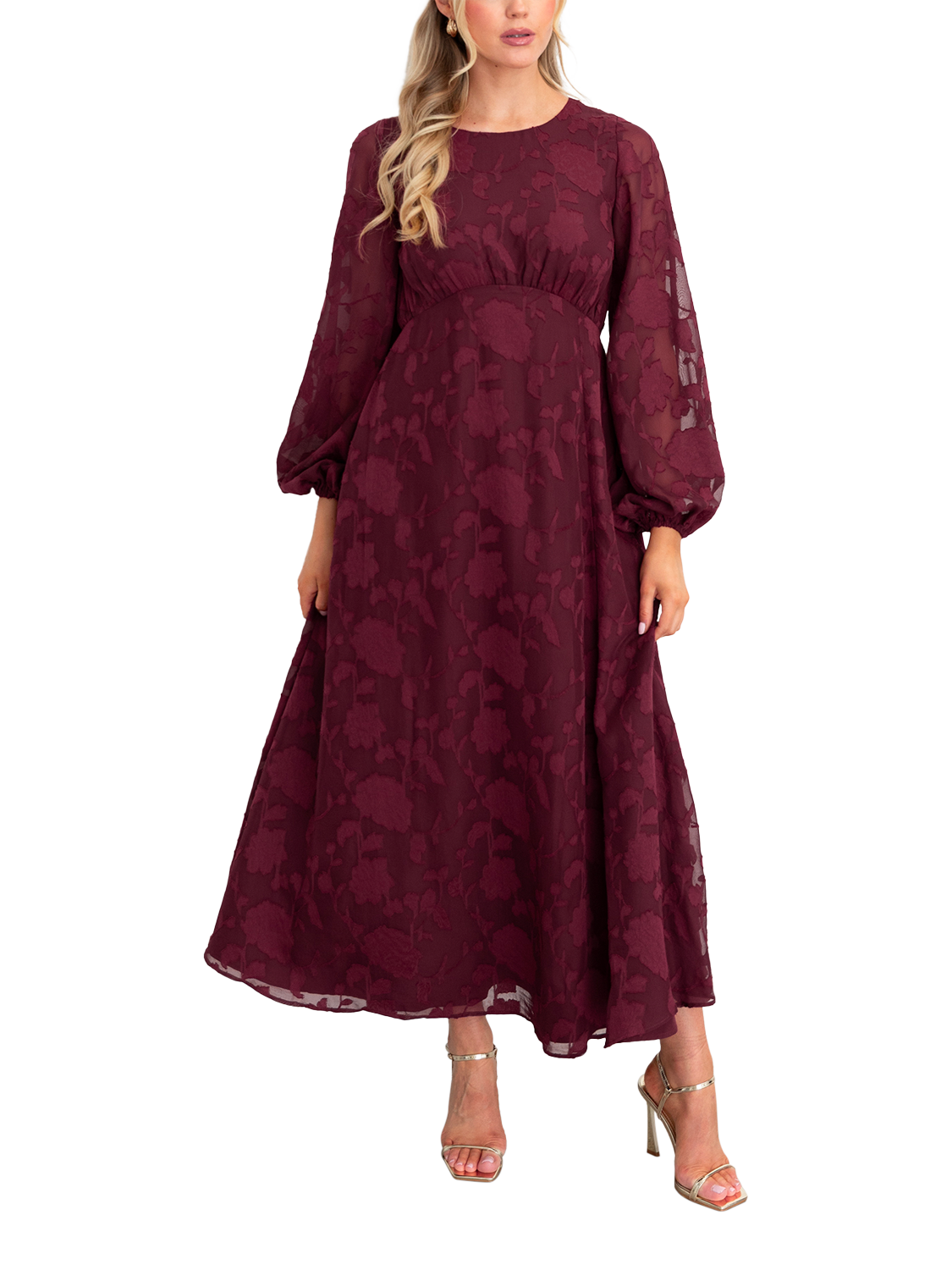 navy blue dress for baby girl Lovedrobe Floral Burnout Keyhole Back Midaxi Dress, Burgundy