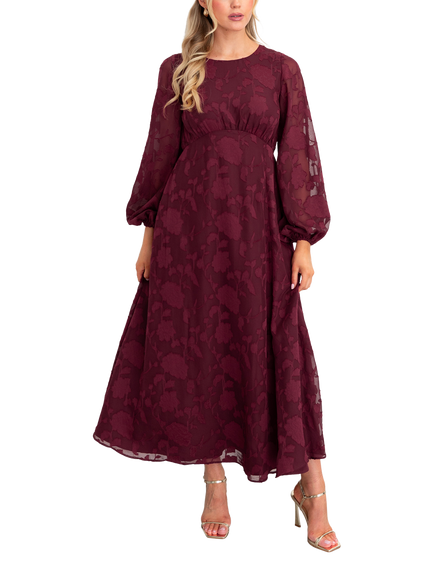 Lovedrobe Floral Burnout Keyhole Back Midaxi Dress, Burgundy, Burgundy
