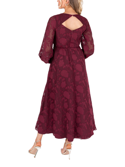 Lovedrobe Floral Burnout Keyhole Back Midaxi Dress, Burgundy - view 2, Burgundy