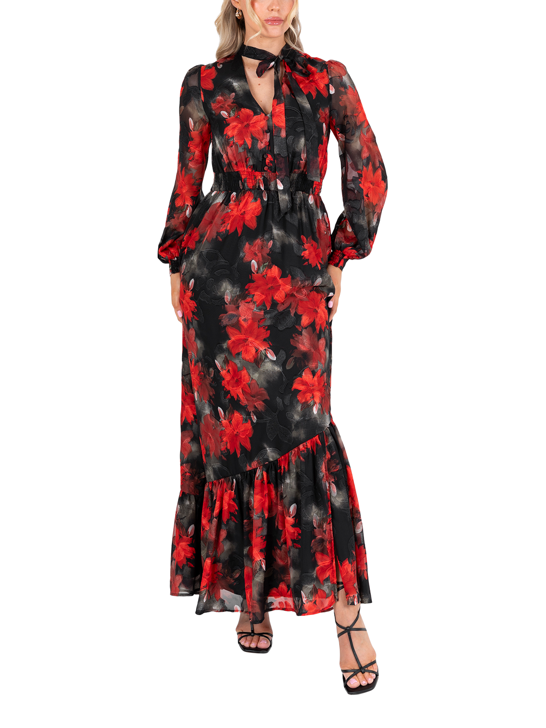 Product image 5 of 10, which shows Lovedrobe Floral Tie Neck Maxi Dress, Multi Print, 8