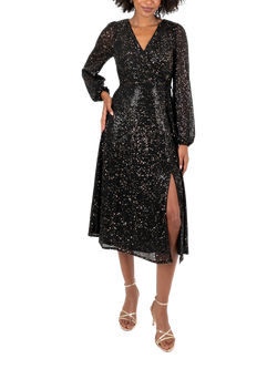 Lovedrobe Sequin Faux Wrap Long Sleeve Midi Dress, Black And Gold, Black And Gold