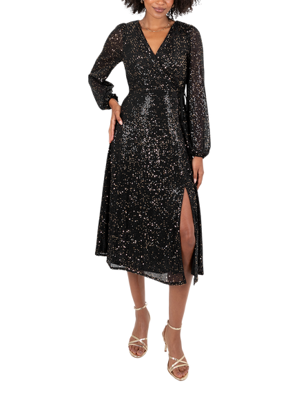 Lovedrobe Sequin Faux Wrap Long Sleeve Midi Dress, Black And Gold, Black And Gold