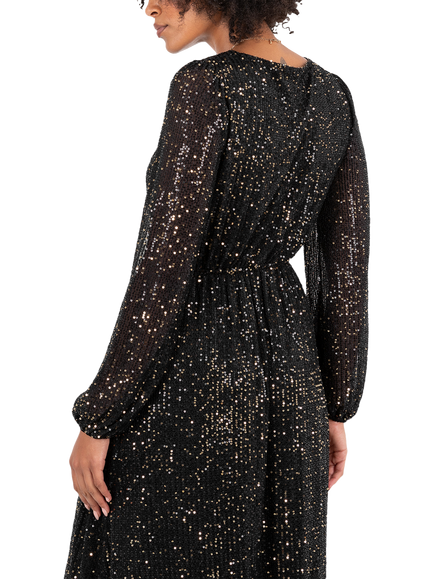 Lovedrobe Sequin Faux Wrap Long Sleeve Midi Dress, Black And Gold - view 2, Black And Gold