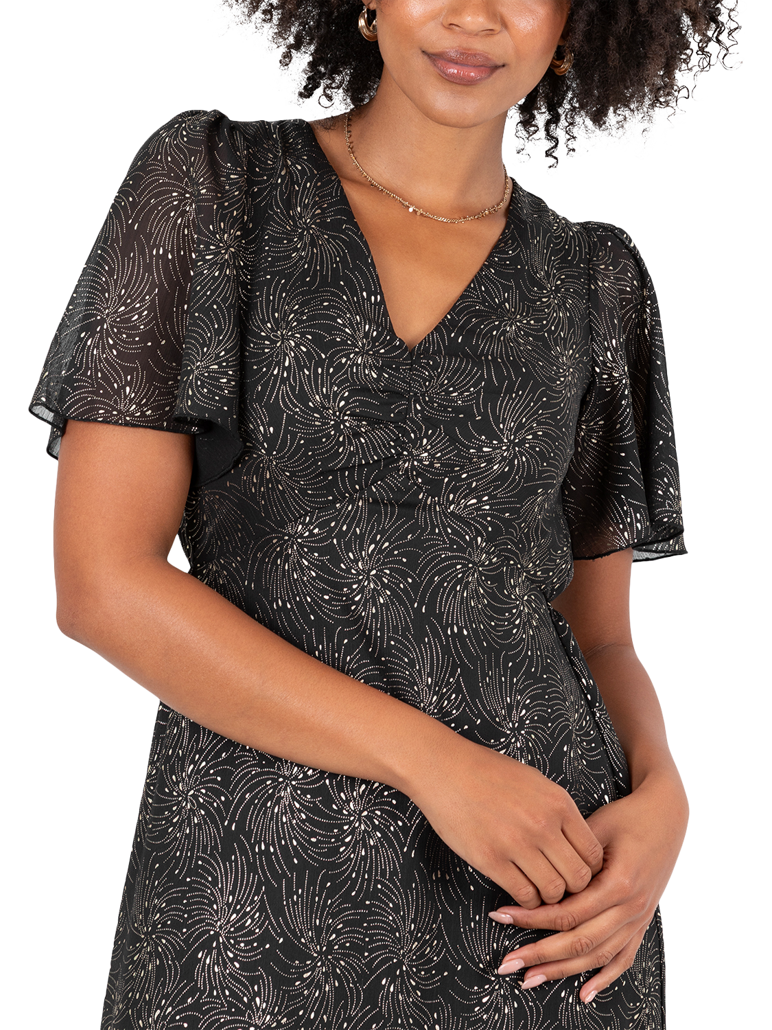 Product image 3 of 8, which shows Lovedrobe Foil Firework Midaxi Dress, Black And Gold, 8