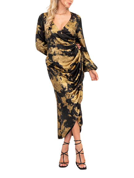 Lovedrobe Abstract Faux Wrap Midaxi Dress, Black And Gold, Black And Gold