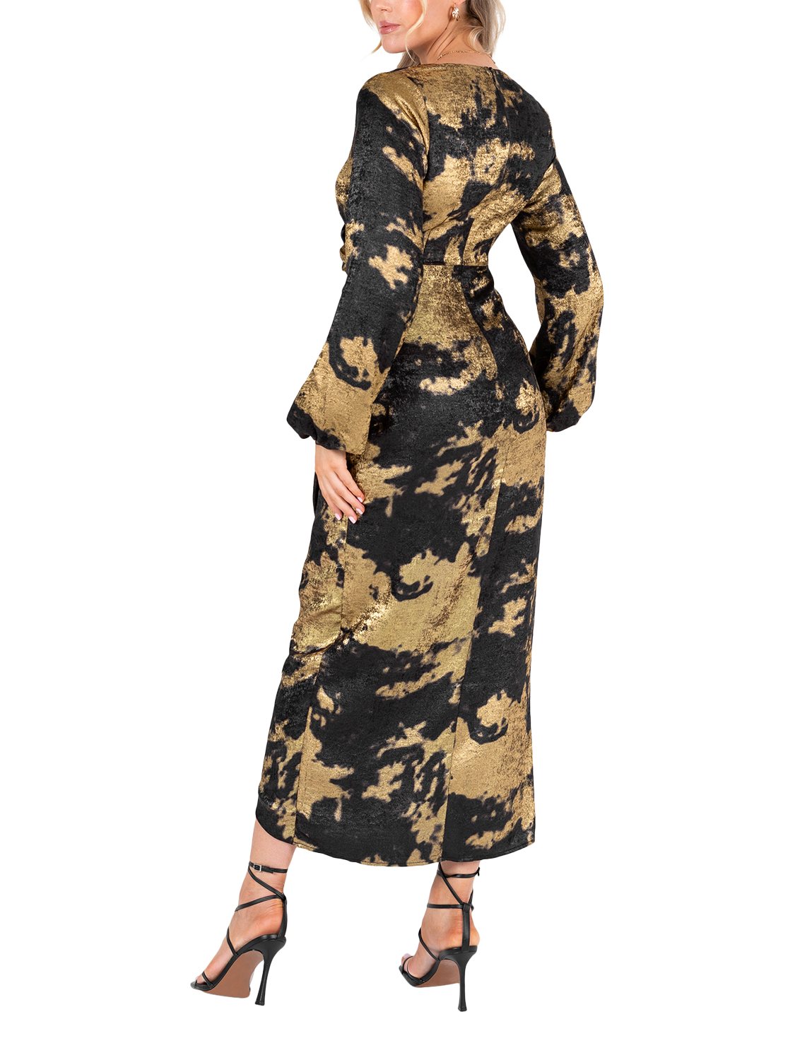 slim fit dress slacks Seraphine Gold Print Lurex Midaxi Dress