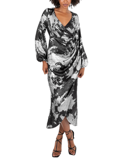 Lovedrobe Abstract Faux Wrap Midaxi Dress, Black/Silver, Black/Silver