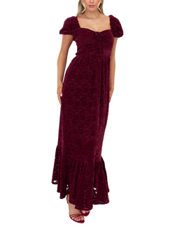 Lovedrobe Floral Lace Velvet Midaxi Dress, Burgundy