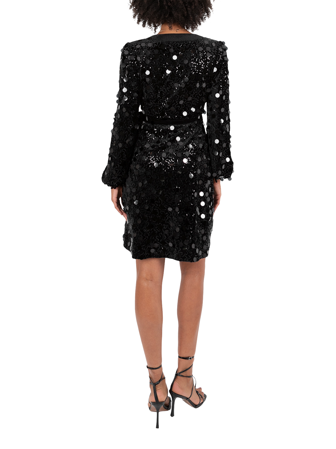 Product image 2 of 9, which shows Lovedrobe Sequin Velvet Trim Wrap Dress, Black, 8