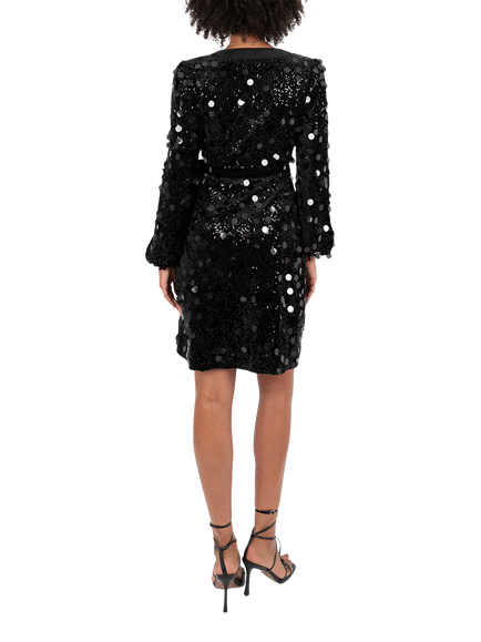 Lovedrobe Sequin Velvet Trim Wrap Dress, Black - view 2, Black
