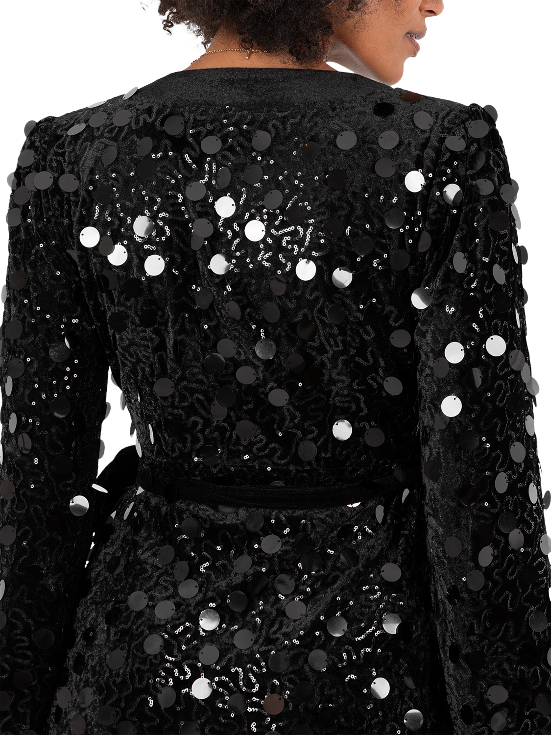 Product image 4 of 9, which shows Lovedrobe Sequin Velvet Trim Wrap Dress, Black, 8