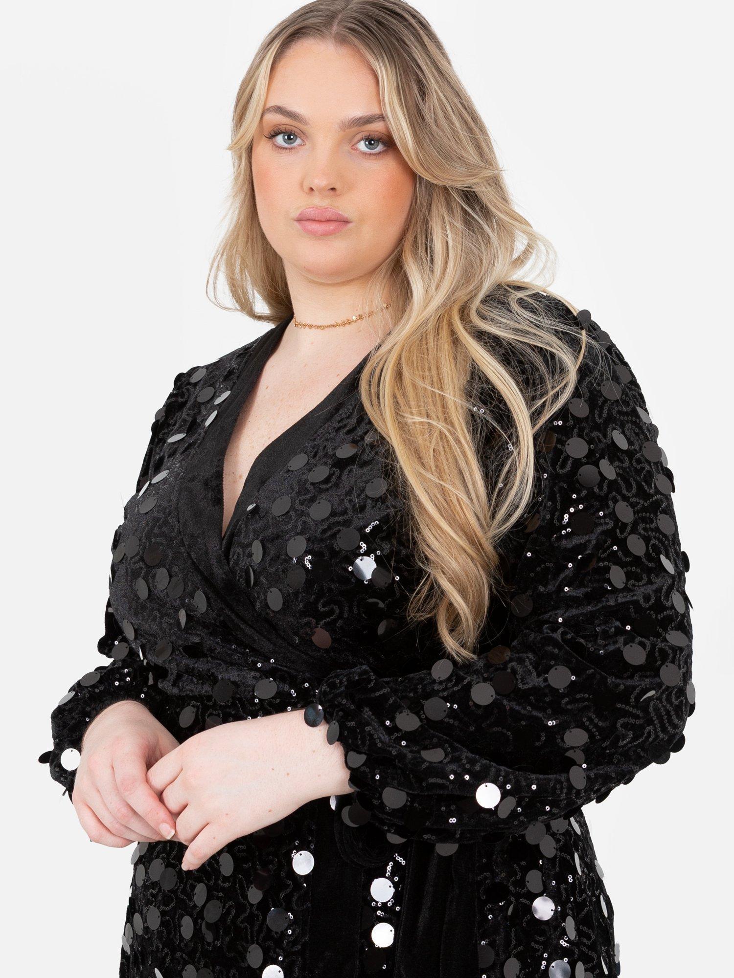 Product image 7 of 9, which shows Lovedrobe Sequin Velvet Trim Wrap Dress, Black, 8