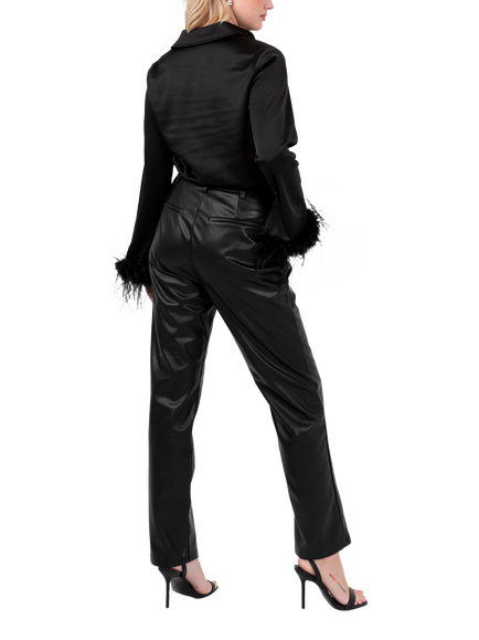 Lovedrobe Feather Cuff Satin Shirt, Black - view 2, Black