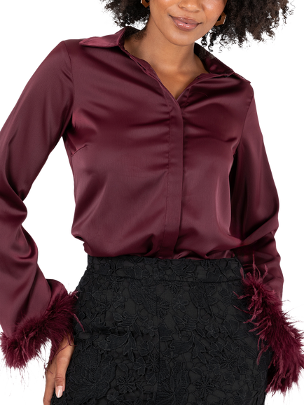 Lovedrobe Feather Cuff Satin Shirt, Burgundy, Burgundy
