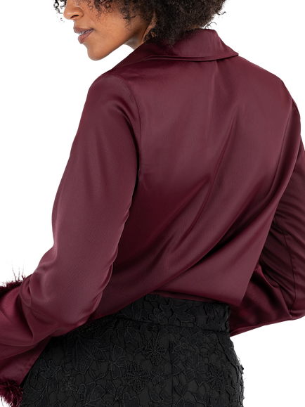 Lovedrobe Feather Cuff Satin Shirt, Burgundy - view 2, Burgundy