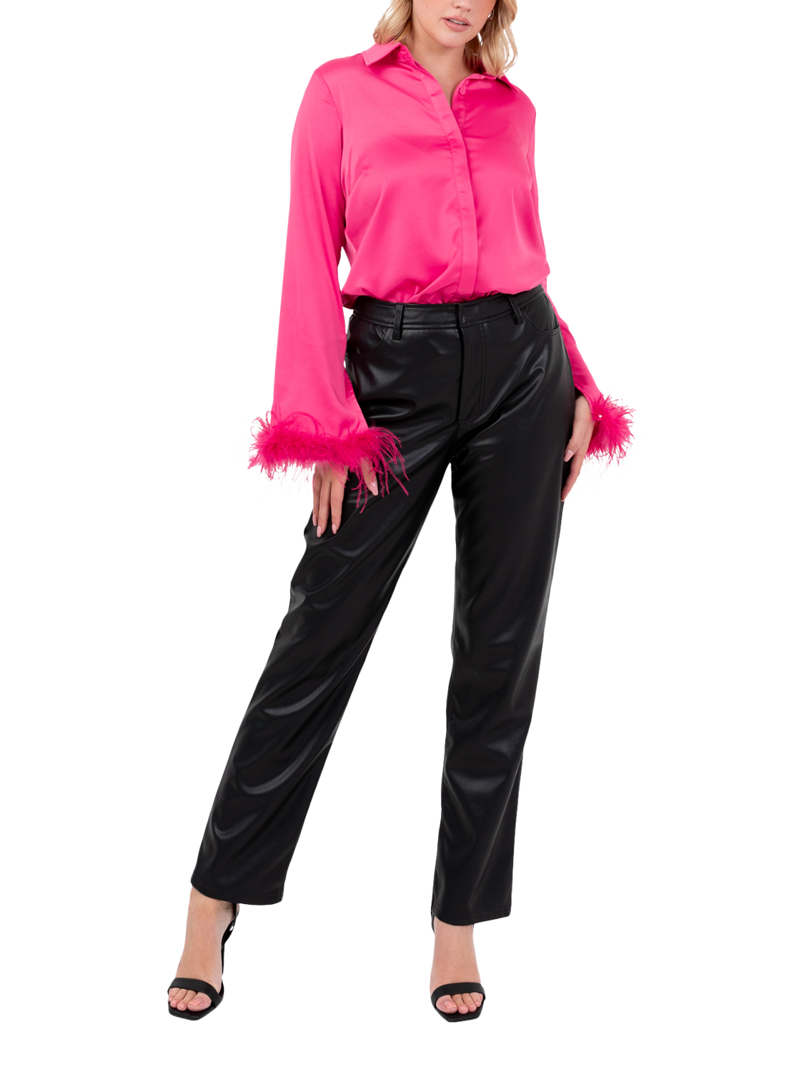 Product image 1 of 8, which shows Lovedrobe Feather Cuff Satin Shirt, Fuchsia, 8