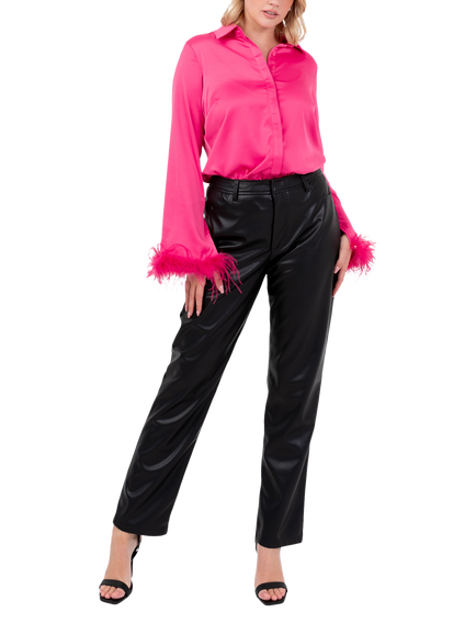 Lovedrobe Feather Cuff Satin Shirt, Fuchsia, Fuchsia