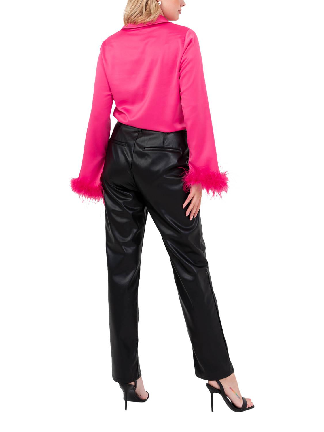 Product image 2 of 8, which shows Lovedrobe Feather Cuff Satin Shirt, Fuchsia, 8