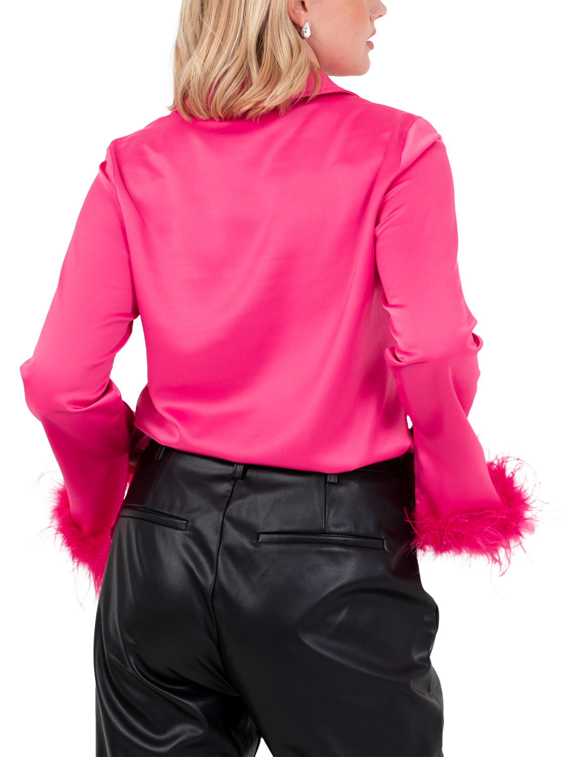 Product image 4 of 8, which shows Lovedrobe Feather Cuff Satin Shirt, Fuchsia, 8