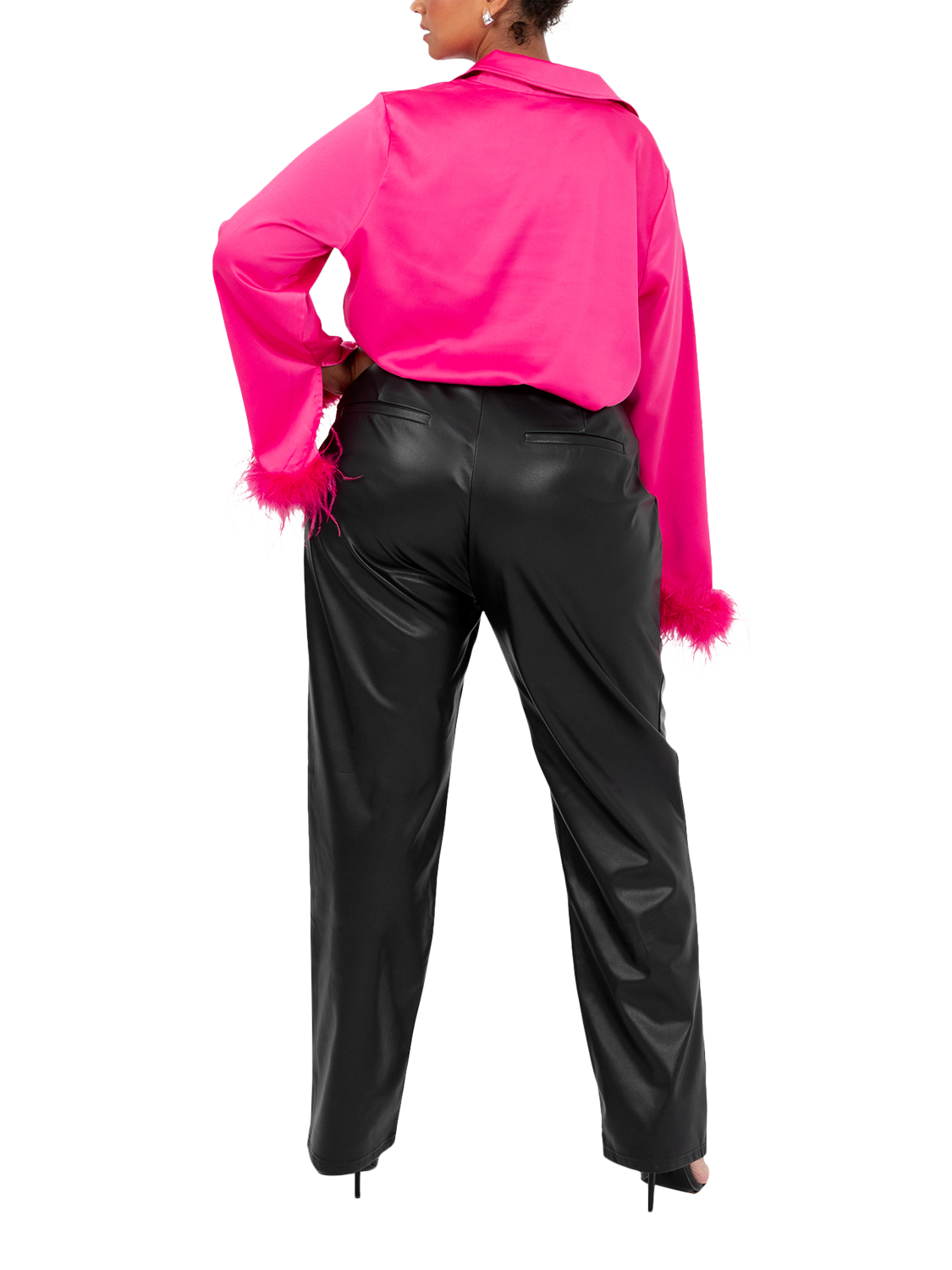 Product image 6 of 8, which shows Lovedrobe Feather Cuff Satin Shirt, Fuchsia, 8
