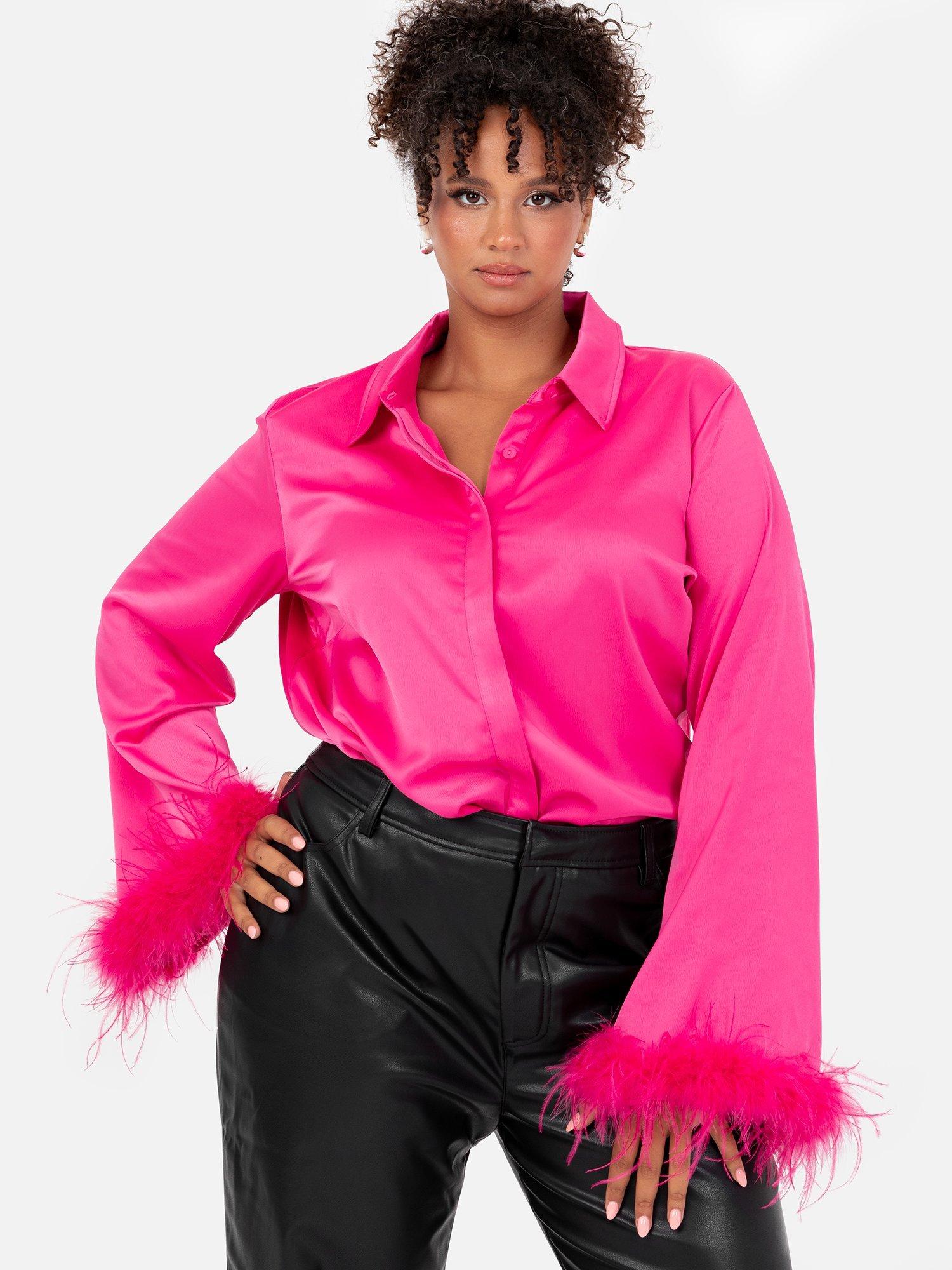 Product image 7 of 8, which shows Lovedrobe Feather Cuff Satin Shirt, Fuchsia, 8