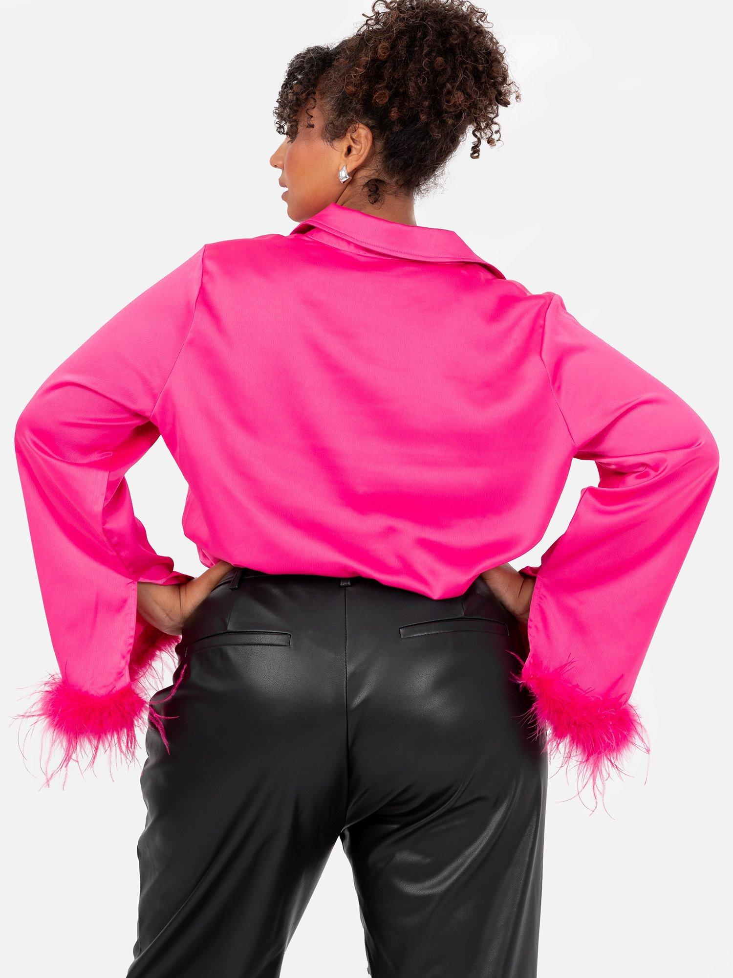 Product image 8 of 8, which shows Lovedrobe Feather Cuff Satin Shirt, Fuchsia, 8