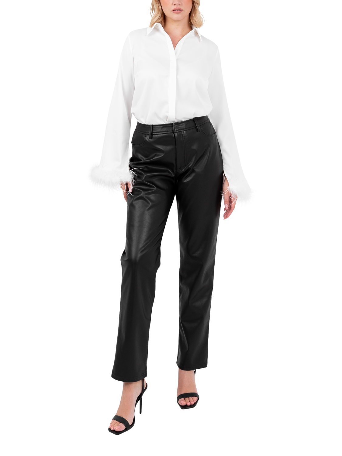 Product image 1 of 8, which shows Lovedrobe Feather Cuff Satin Shirt, White, 8