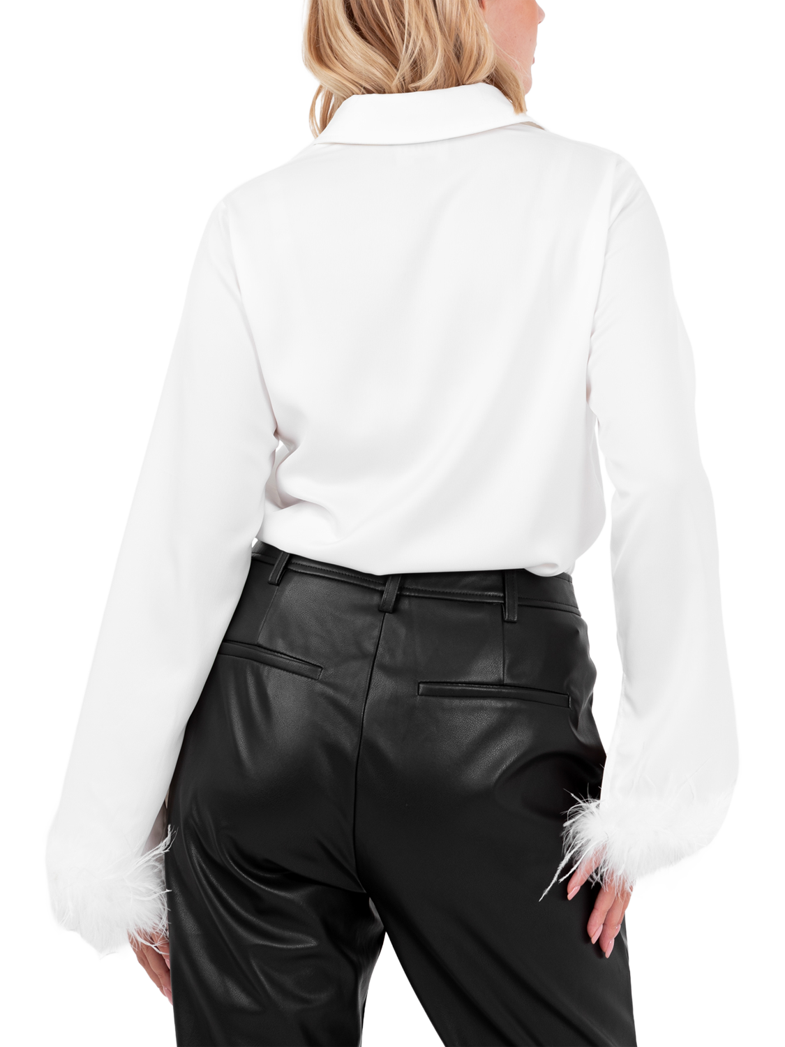 Product image 4 of 8, which shows Lovedrobe Feather Cuff Satin Shirt, White, 8